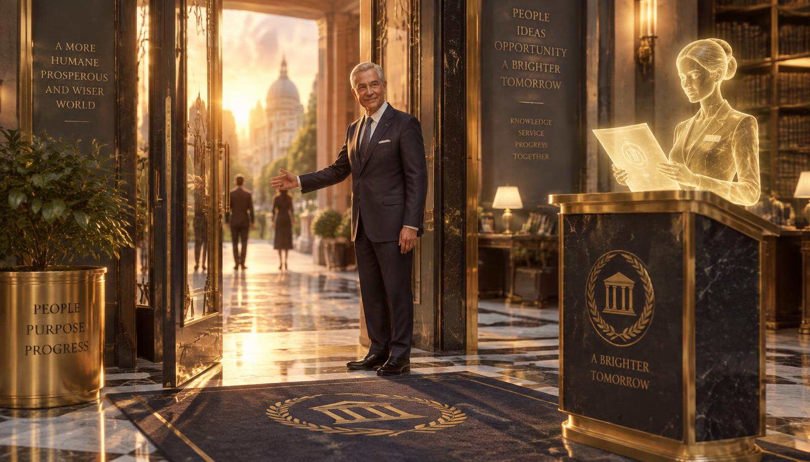 A leader holds open the door of an institution while an AI concierge reviews credentials at the gate
